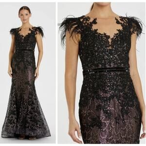 Mac Duggal 79230 Black Size 4 Embellished Trumpet Gown Feather Cap Sleeve NWOT